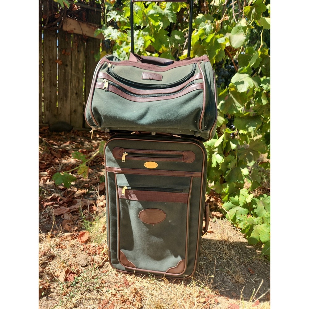 VTG Tumi Olive Green Luggage Travel Bag and Suitcase with Real Leather Trim